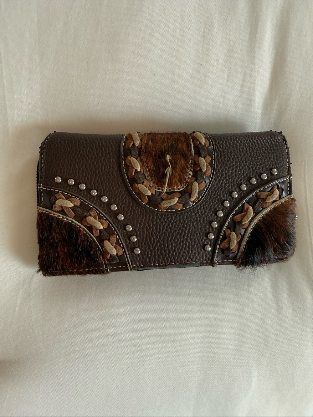 Trinity Ranch Western Cowhide Leather Wallet Hair On Hidden Compartment Brown